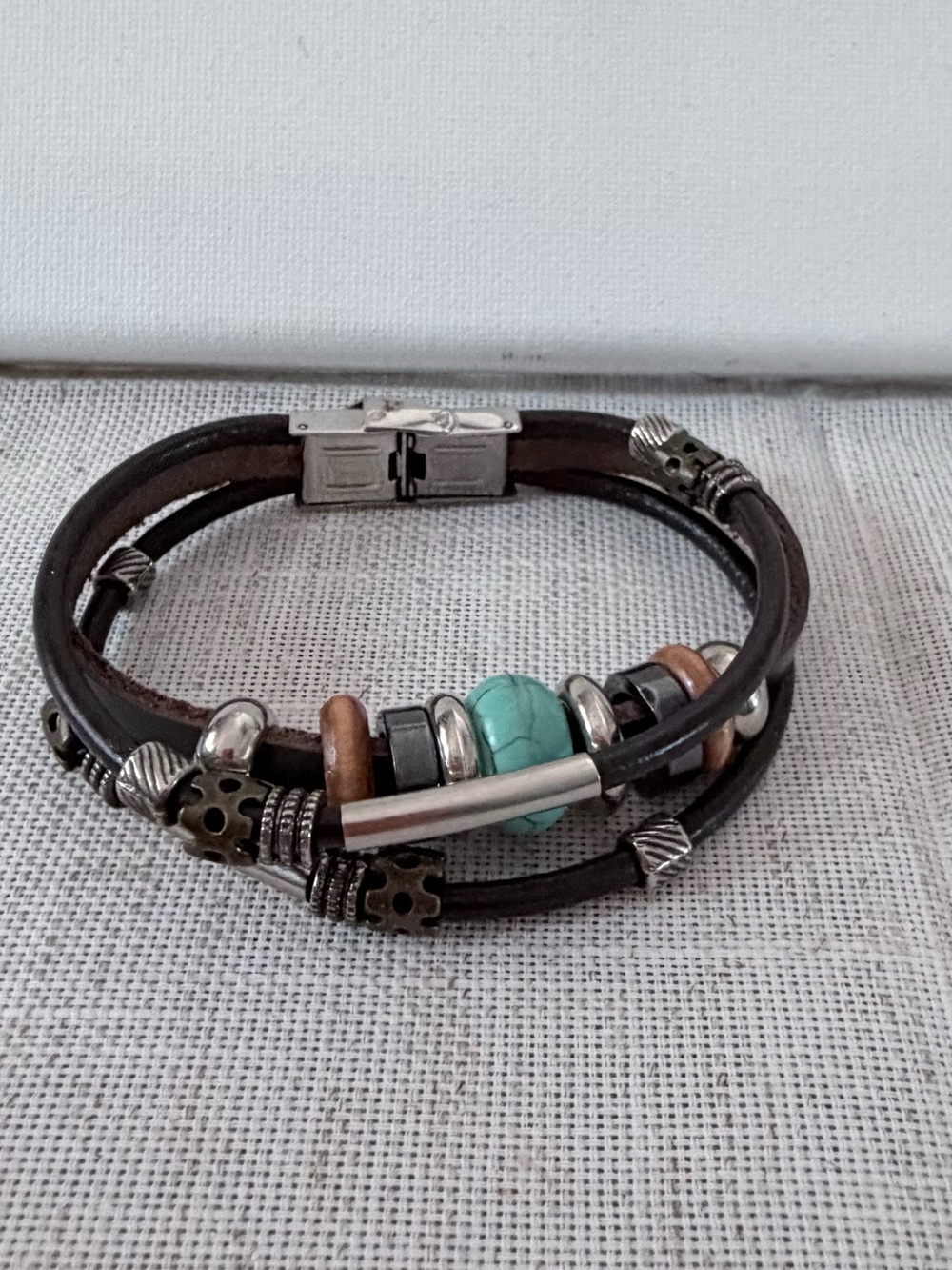 Multi-Strand Leather Bead Bracelet with Turquoise Accent
